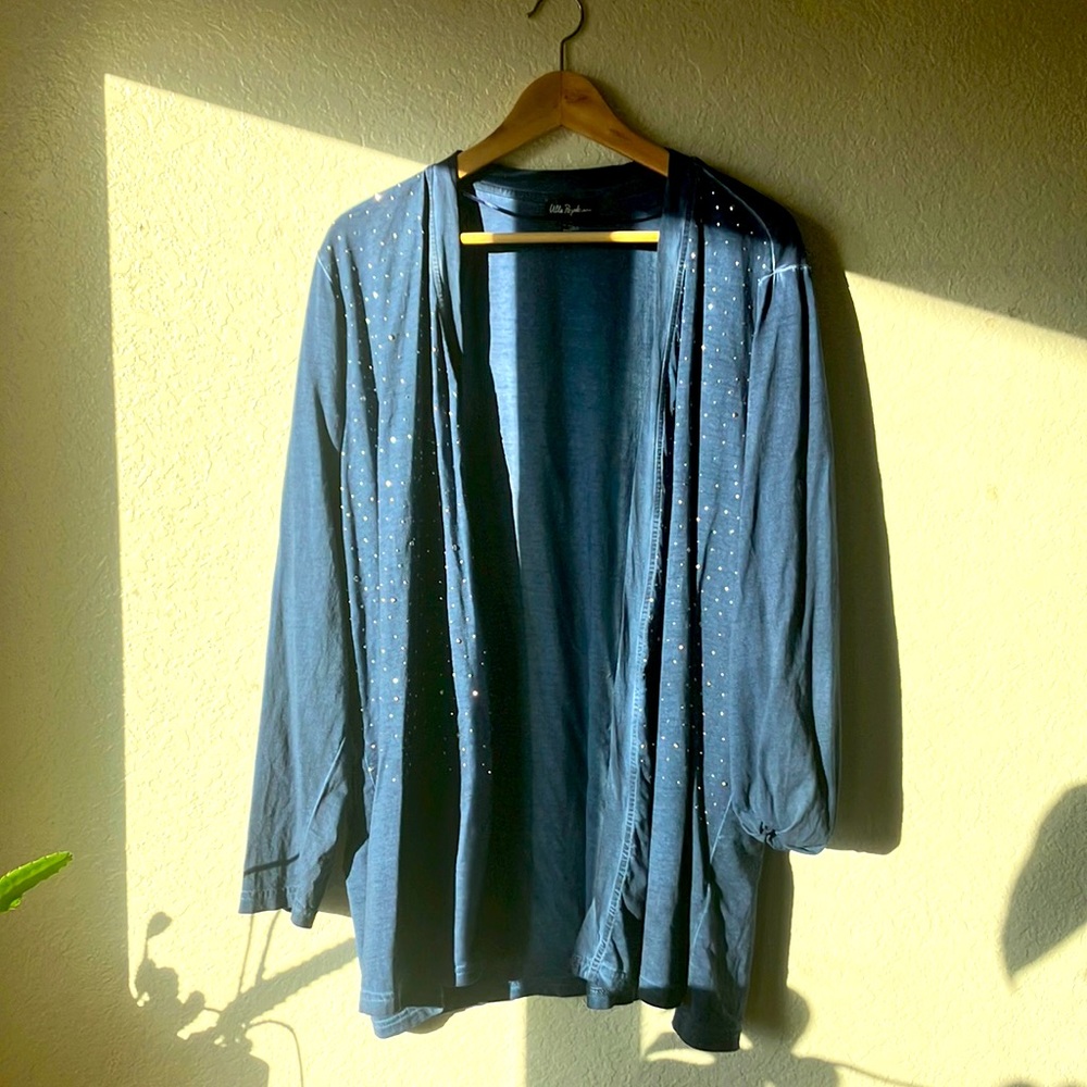 Ulla Popken 100% Cotton Denim Blue Embellished Cardigan womens 20/22